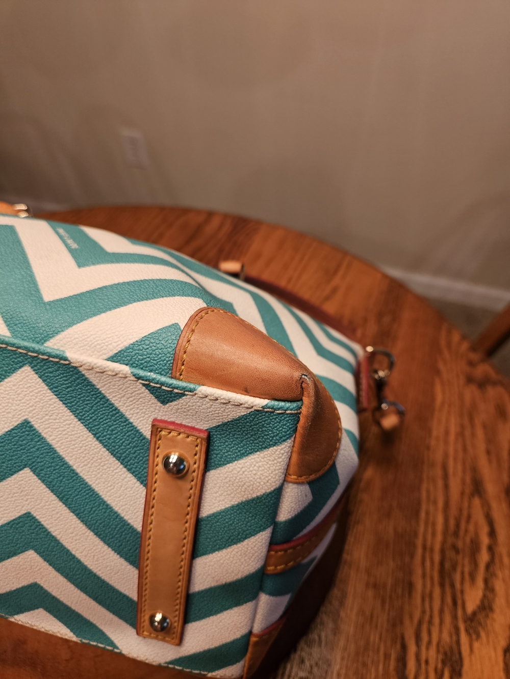 Dooney & Bourke Teal Chevron Satchel with Tan Leather Trim - Picture 8 of 11